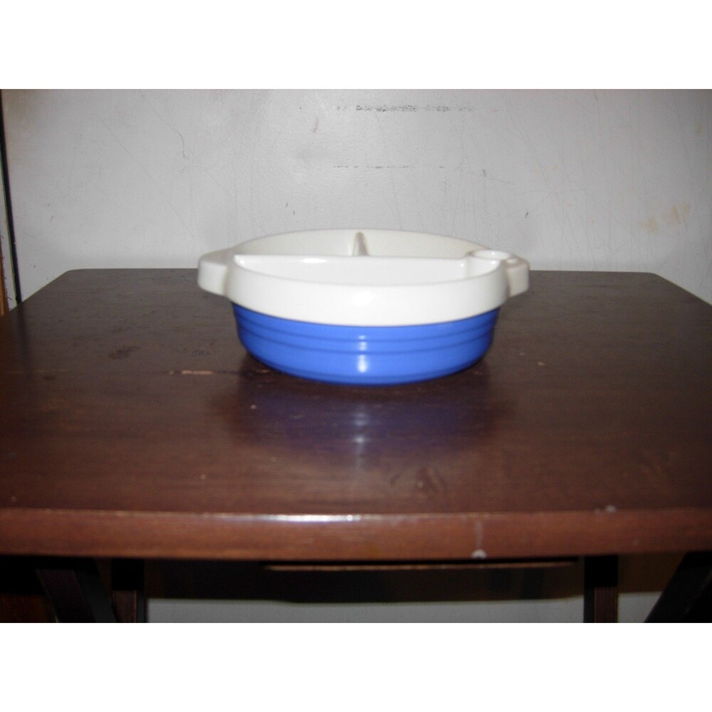 Vintage Excello Baby Divided Warming Bowl 1940s Blue Ceramic